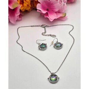 Cookie Lee AB Crystal Spinner Pendant Necklace Earrings Set Silver Tone 19 In